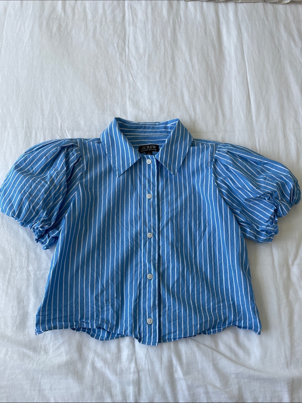 J. Crew Blue and White Striped Puff-Sleeve Button-Down Shirt
